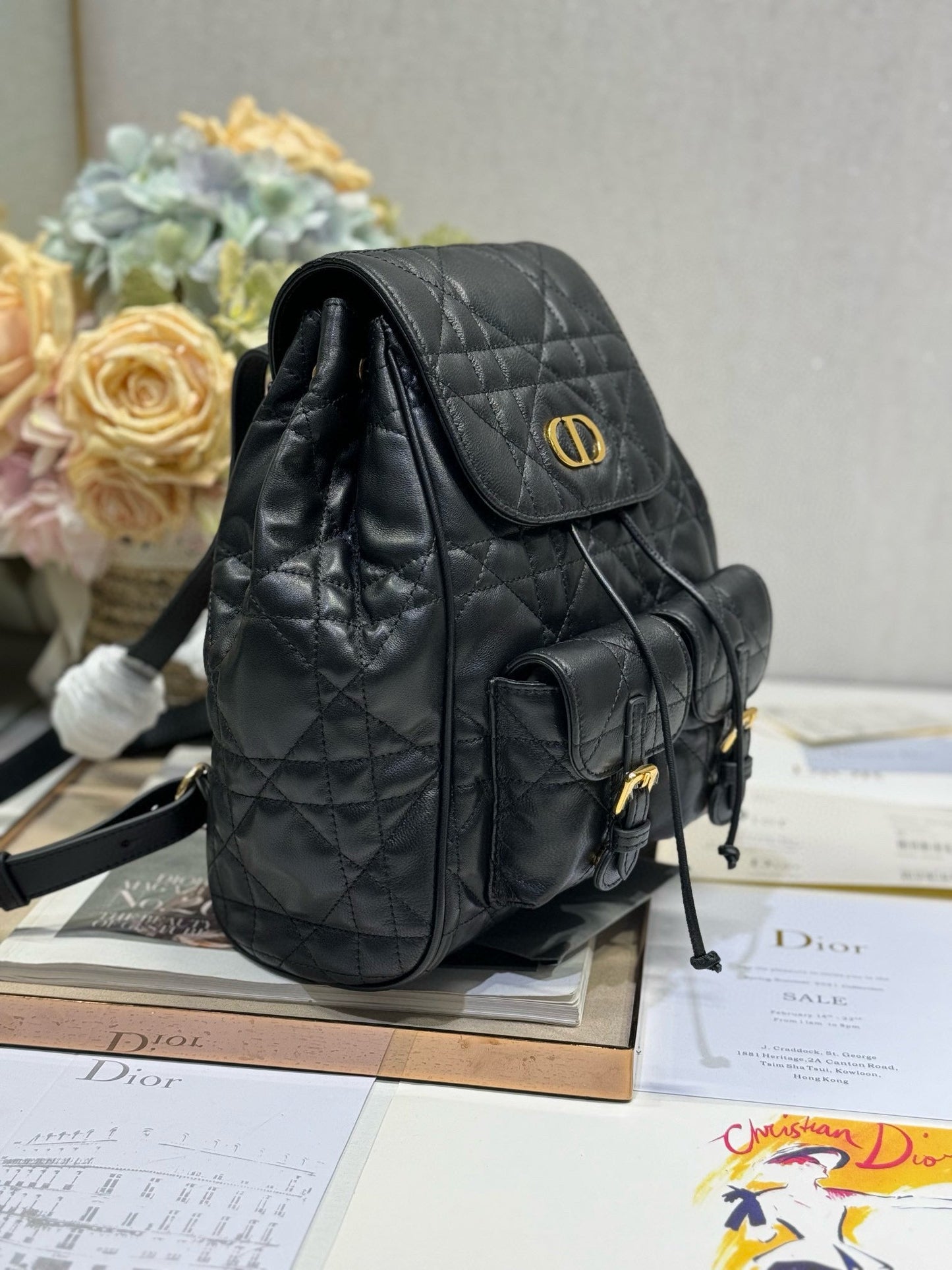 CD Caro Medium Size Backpack Black Sheepskin  23 x 26.7 x 12.5 cm