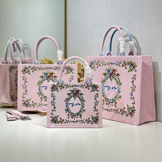 CD Medium Dioriviera Book Tote Pink Embroidered Canvas 158040
