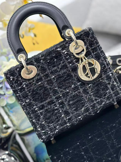Dior 2026 Lady Dior Bag 20cm Black Gold Tweed Leather