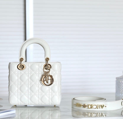 CD Medium Lady 20cm Bag White Calfskin Ghw