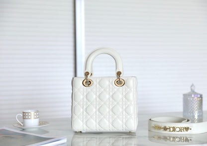 CD Medium Lady 20cm Bag White Calfskin Ghw