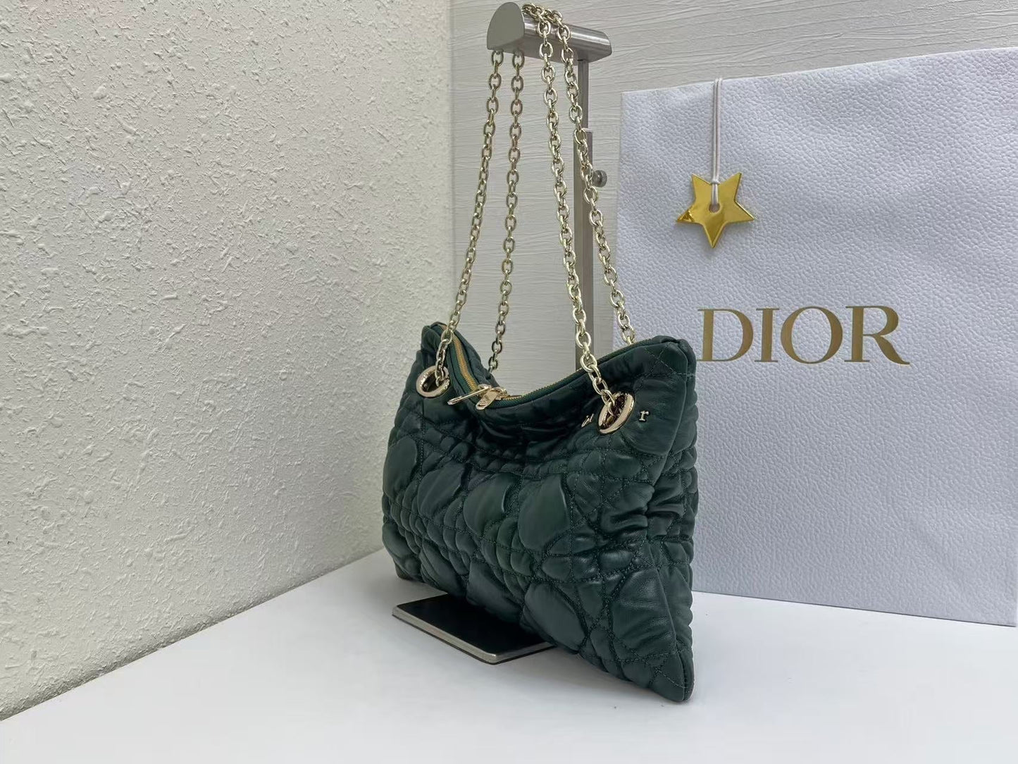 CD Small Cannage Quilted Tote Bag Deep Teal Cowhide 158910