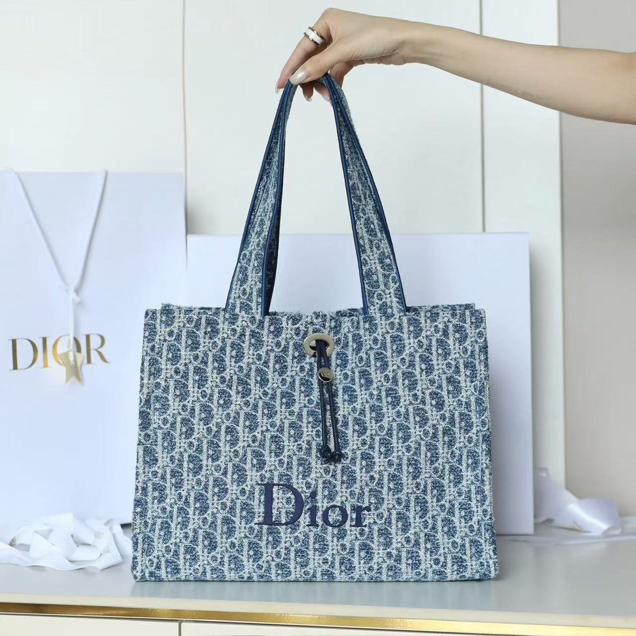CD Dioriviera Spongy Book Tote Blue Printed Cotton