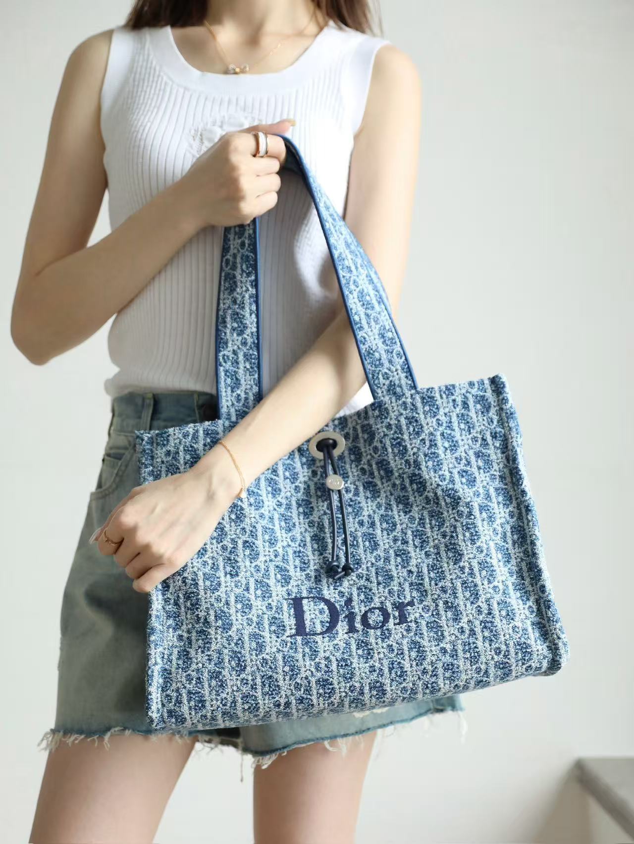 CD Dioriviera Spongy Book Tote Blue Printed Cotton