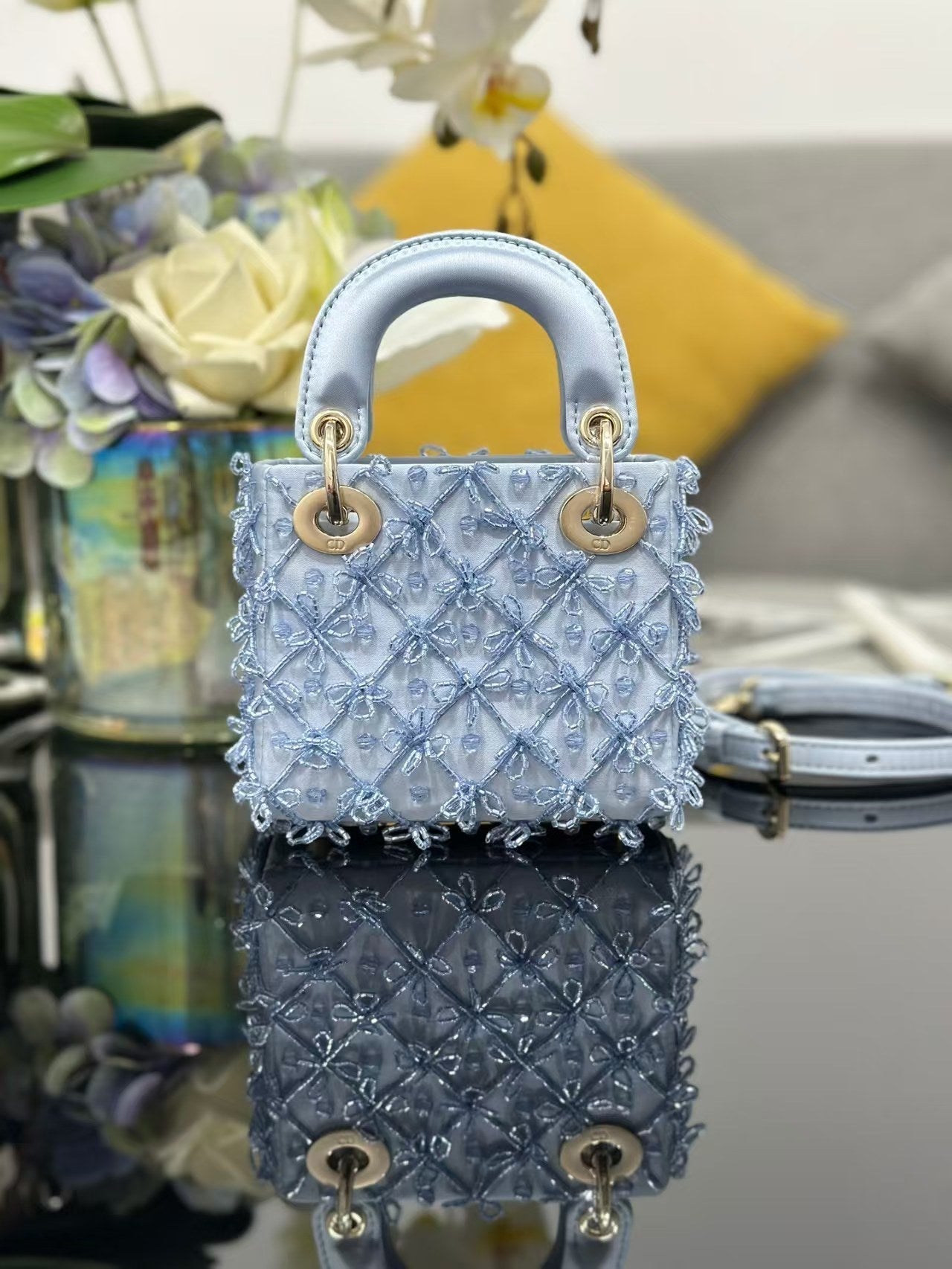 CD Mini Lady Dior 12cm Blue Beaded Embroidered Cowhide Leather GHW 158589