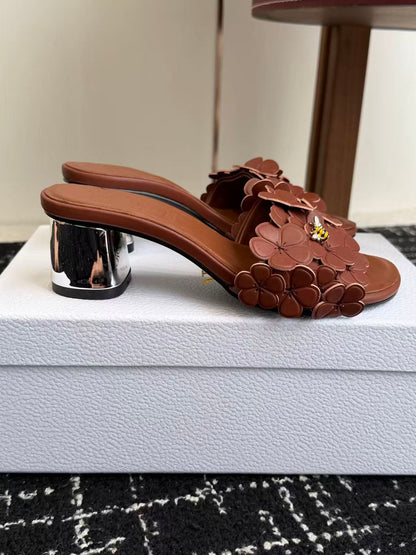 CD Bloom Mules 4.5CM Brown Leather Flowers Bee Accent 966854