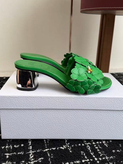 CD Bloom Mules 4.5CM Green Leather Flowers Bee Accent 966855