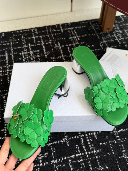 CD Bloom Mules 4.5CM Green Leather Flowers Bee Accent 966855