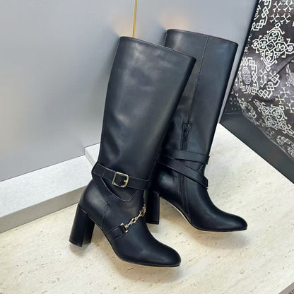 CD Michael Kors Hamilton Boots Gold Chain Buckle Black Leather