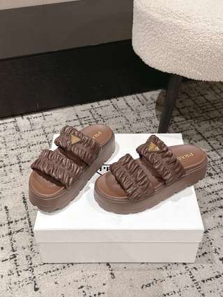 Prada 2026 Pleated Double-Strap Platform Sandals 55mm Sheepskin 771016