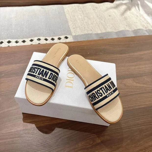 CD 26s Embroidered Sandals Beige Navy Blue Canvas Sheepskin 664321