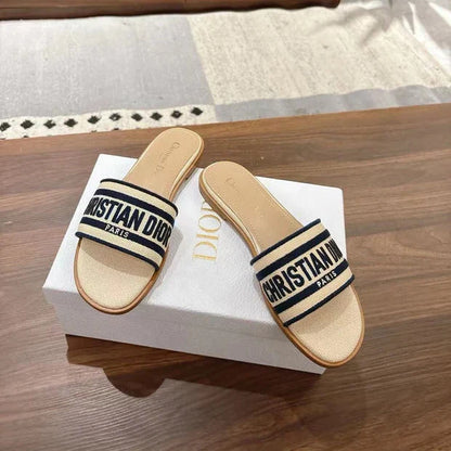 CD 26s Embroidered Sandals Beige Navy Blue Canvas Sheepskin 664321