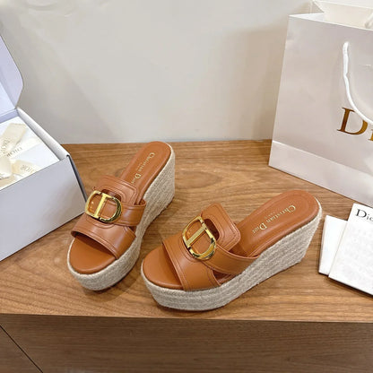 Dior 2026 CD Logo Wedge Sandals 95mm Straw Leather 911783