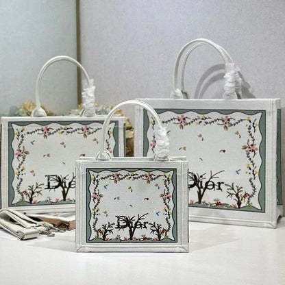 Dior 2026 Book Tote Bag With Multicolored White Revolution Flowers Embroidery Canvas