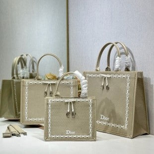 CD Book Tote Beige Embroidery and White Woven Grosgrain Ribbon