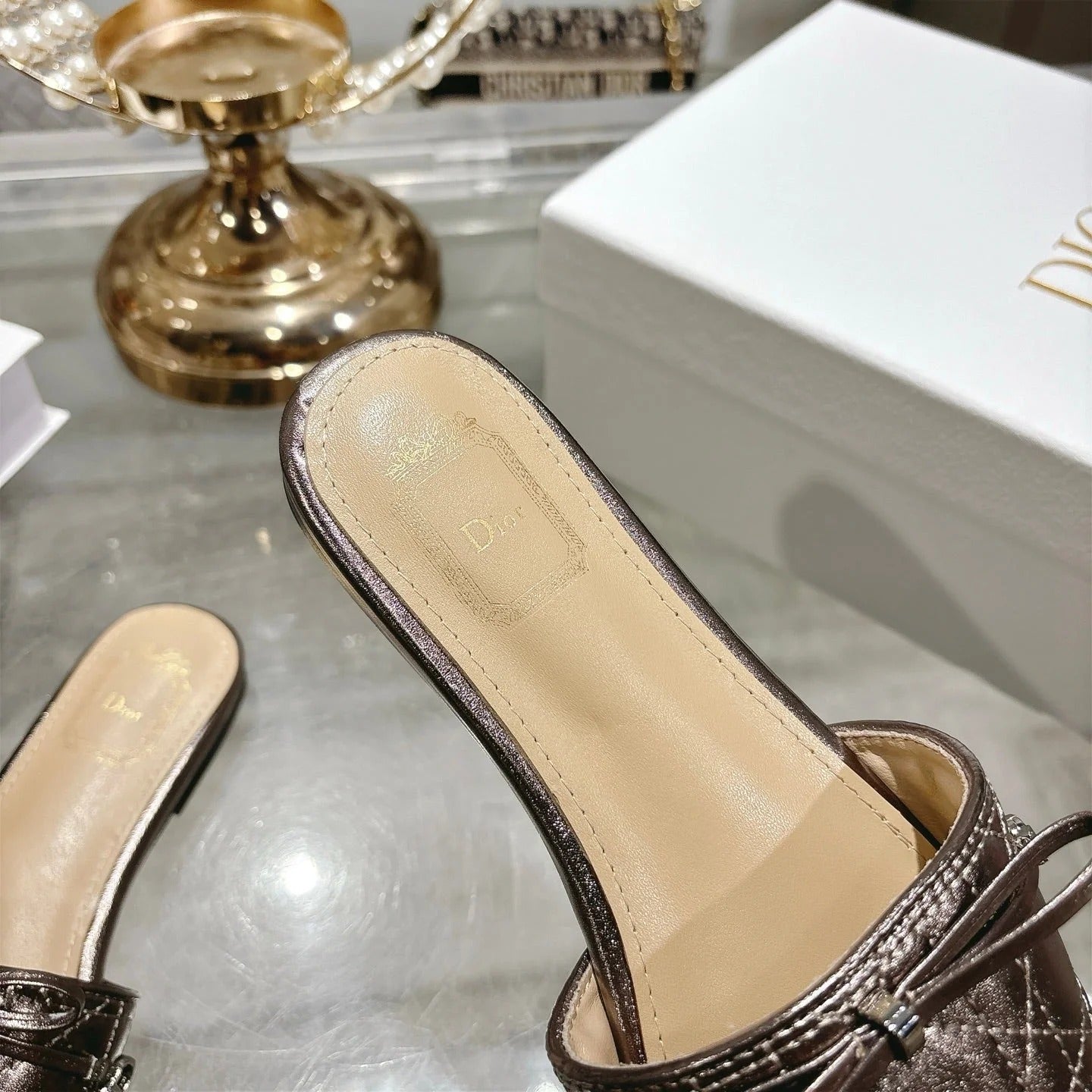 CD 26s Slippers Metallic Brown Beige Calfskin 679866