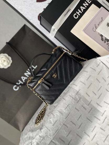 Chanel 2026 V-Shaped Quilted Chain Bag 19.5cm Black Caviar Leather