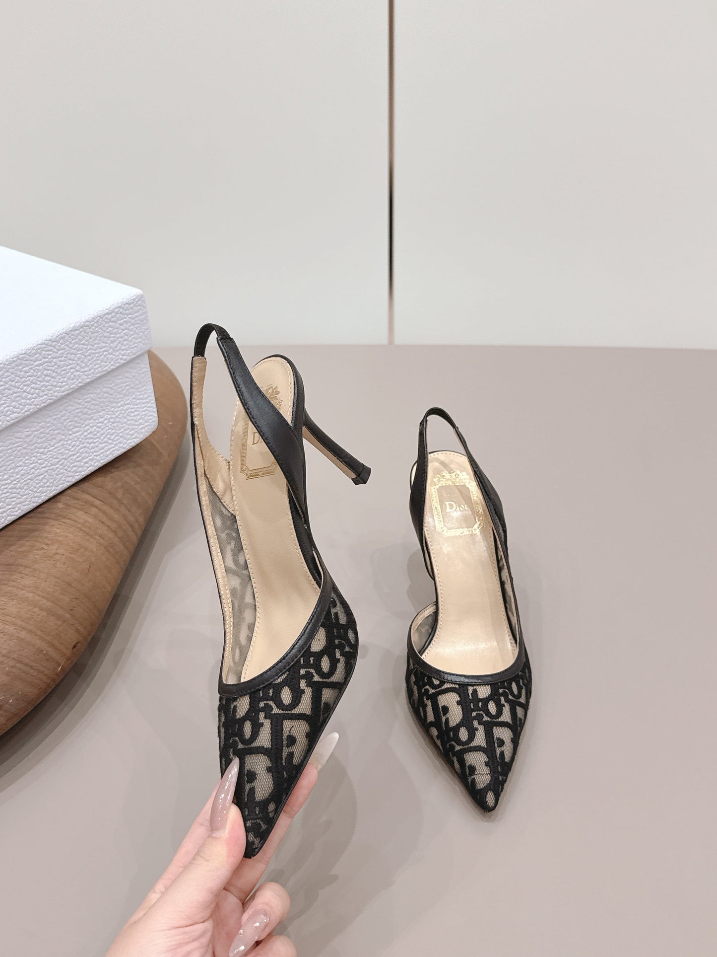 CD 26s Adiorable Slingback Pumps 8cm Black Beige Mesh Sheepskin