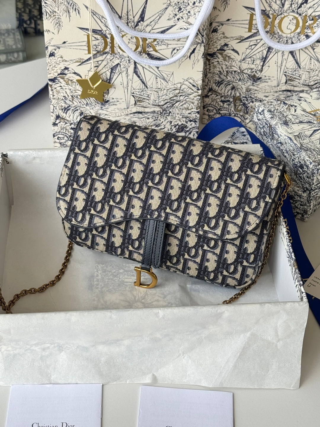 CD Medium Saddle Pouch with Chain 21.5cm Blue Jacquard Cowhide GHW