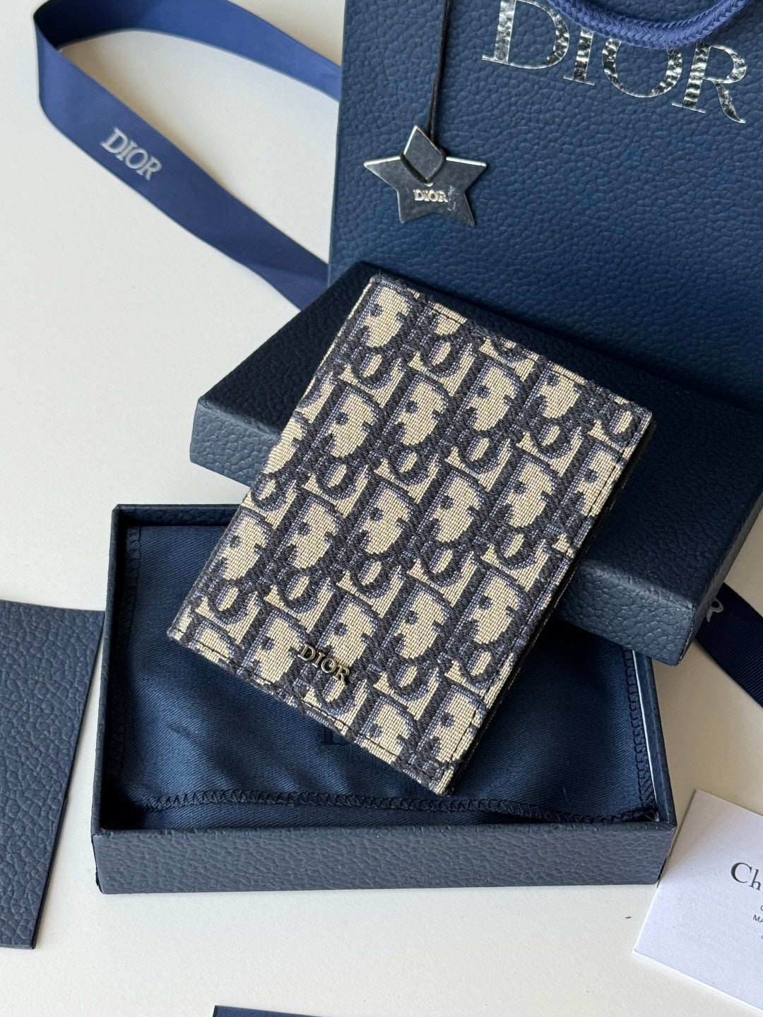 CD Oblique Passport Holder Black Beige Jacquard Cowhide