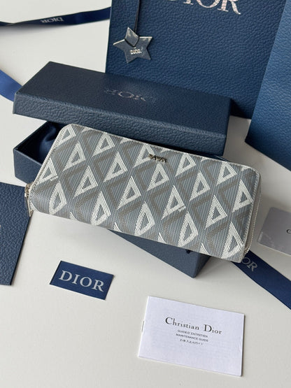 CD Diamond Zipped Long Wallet Grey White Canvas & Cowhide