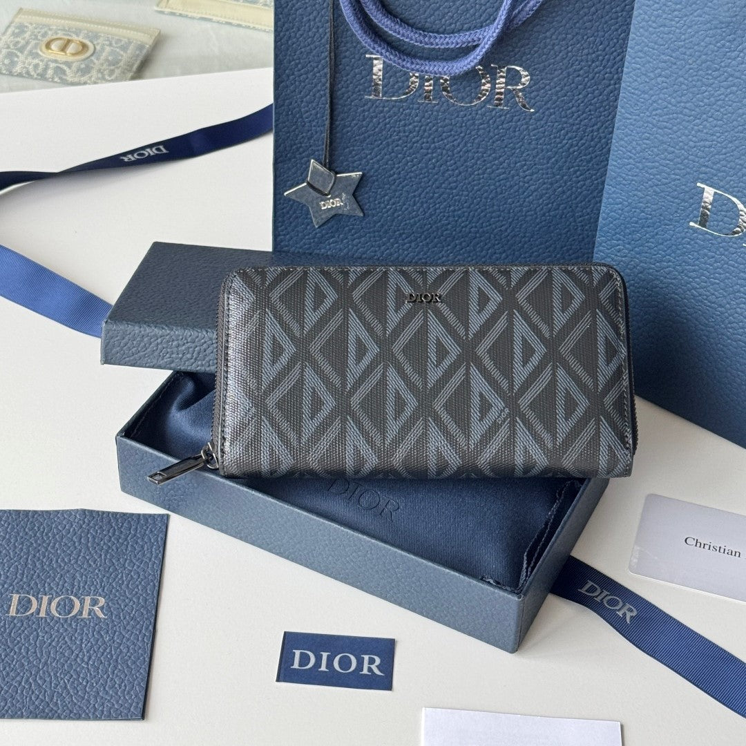 CD Diamond Zipped Long Wallet Black Blue Canvas & Cowhide