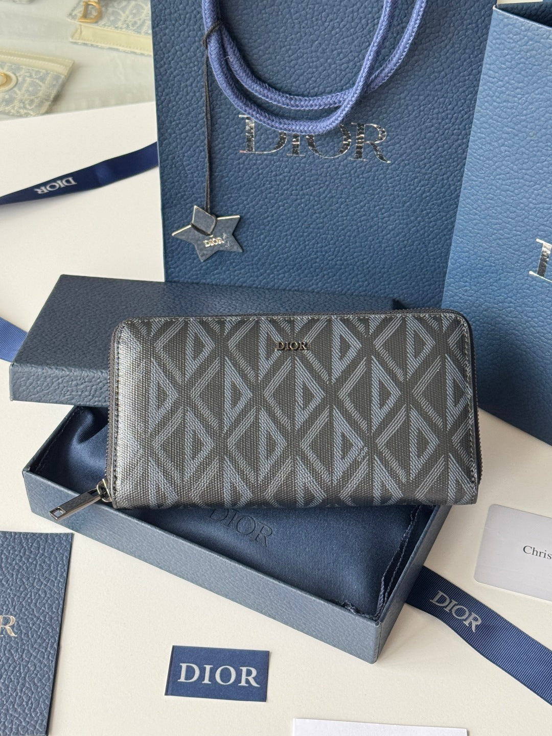 CD Diamond Zipped Long Wallet Black Blue Canvas & Cowhide