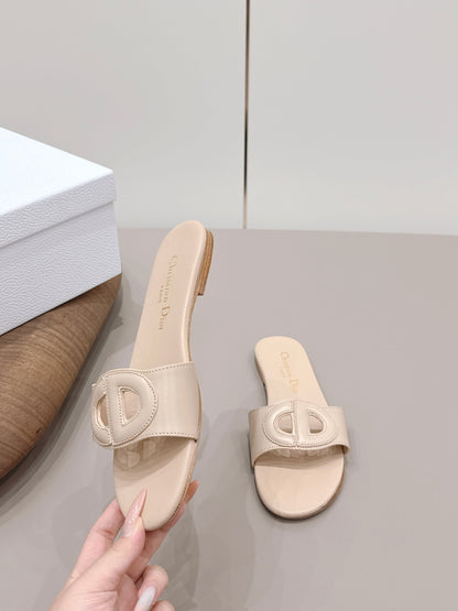 CD 26s Round-Toe Slide Sandals Beige Calfskin 738239