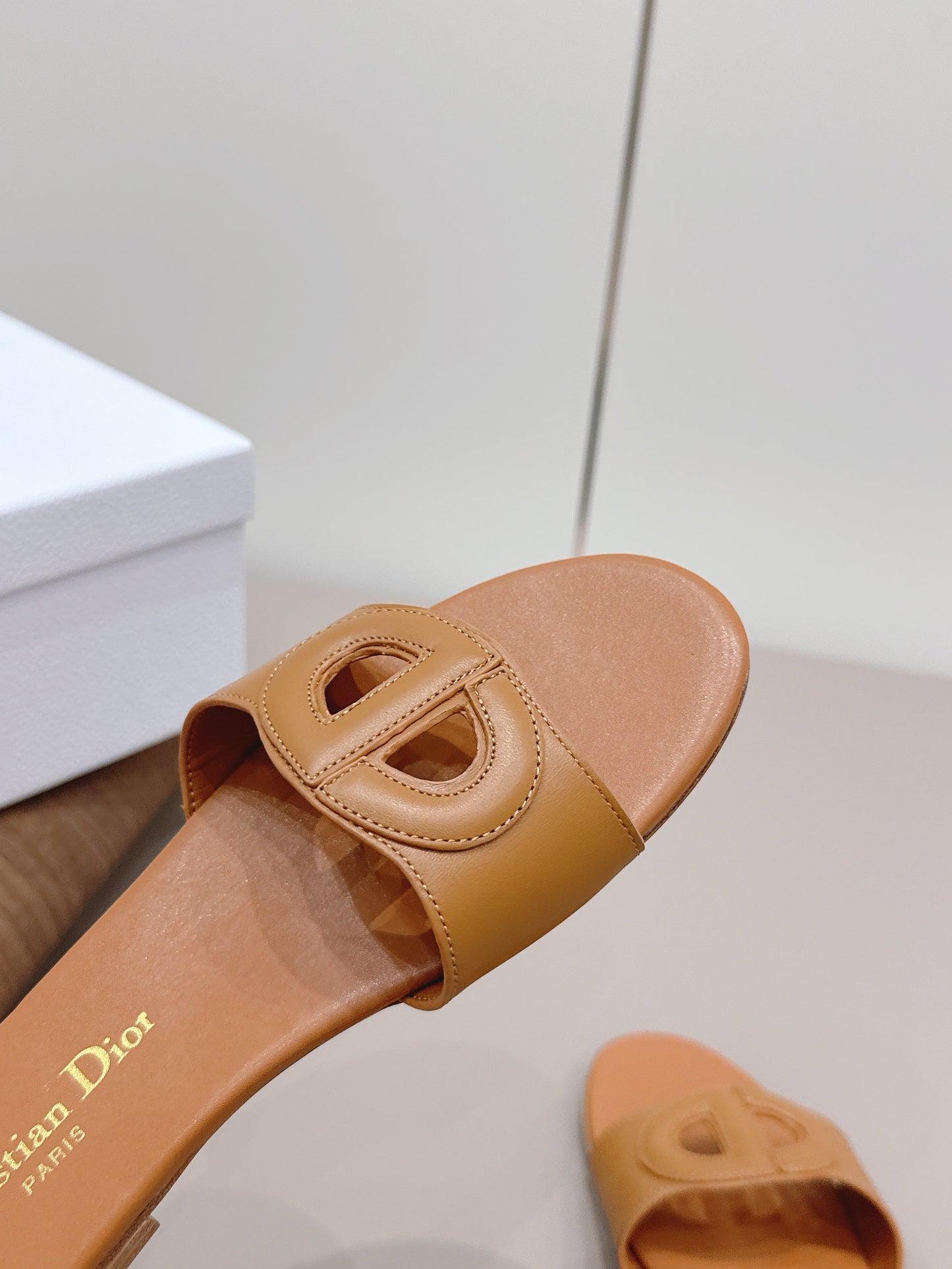 CD 26s Round-Toe Slide Sandals Tan Calfskin 738238