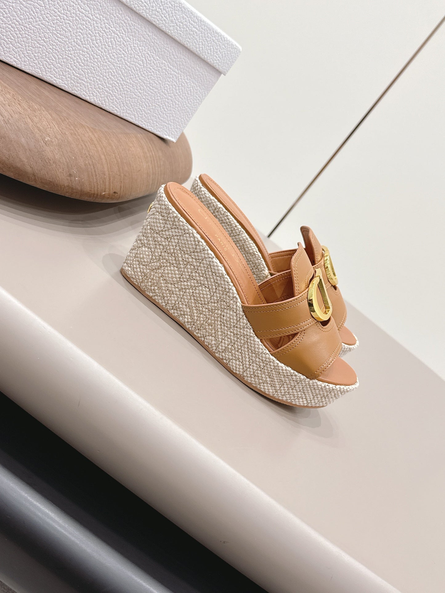 CD 30 Montaigne Wedge Slides 8cm Tan Calfskin 738318