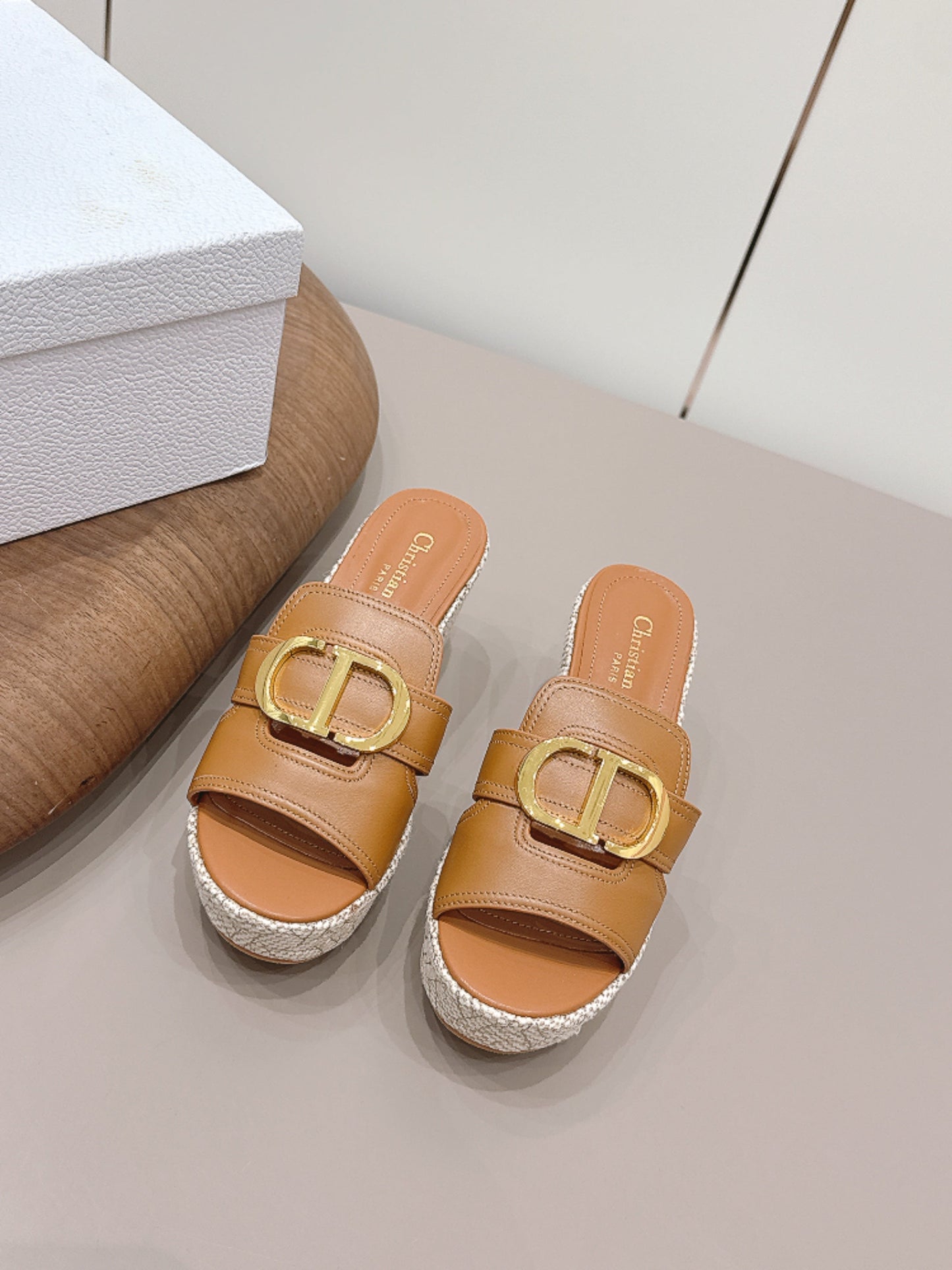 CD 30 Montaigne Wedge Slides 8cm Tan Calfskin 738318