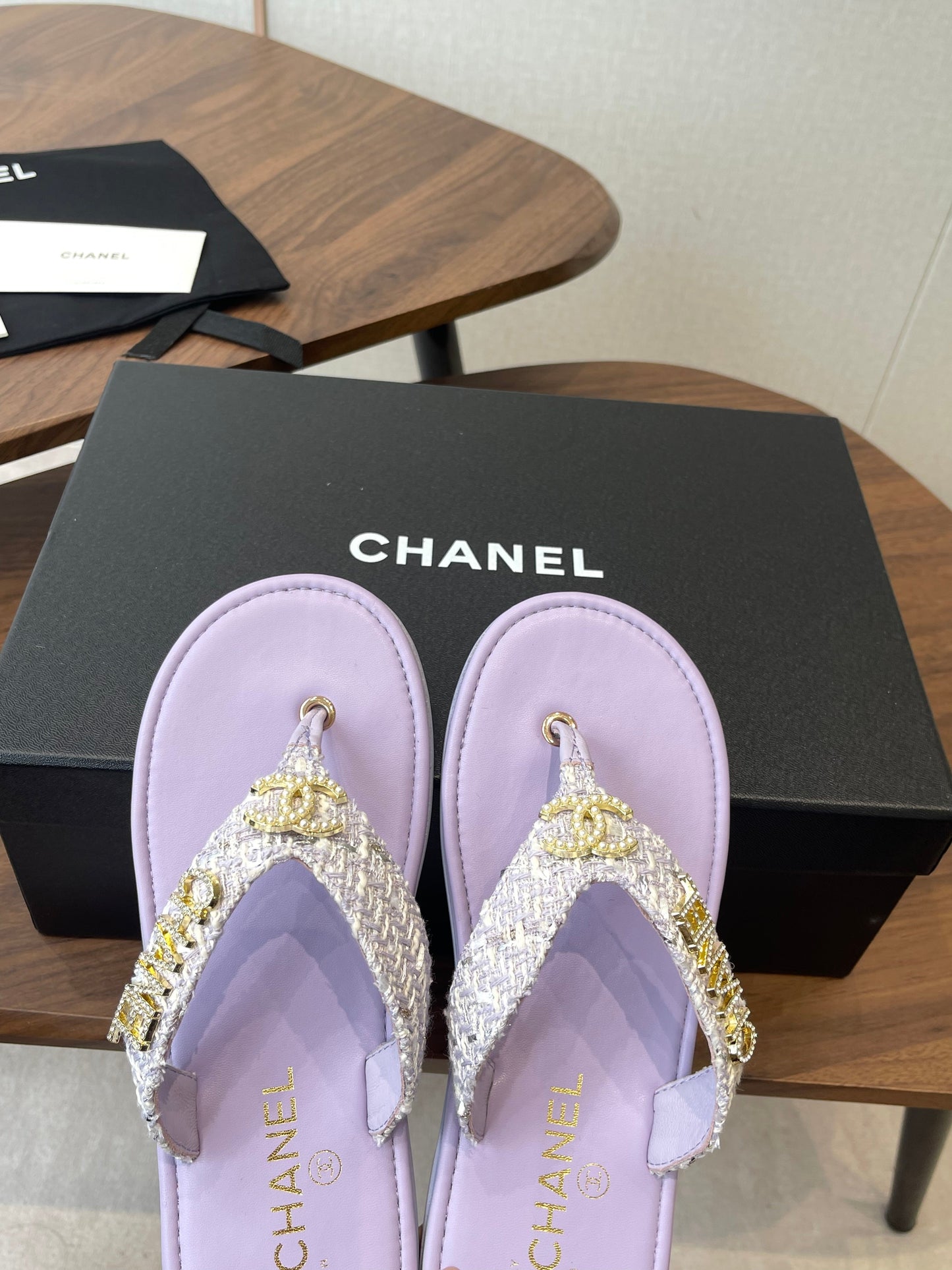 Chanel 2026 Thong Sandal Tweed Gold Logo Details 790366