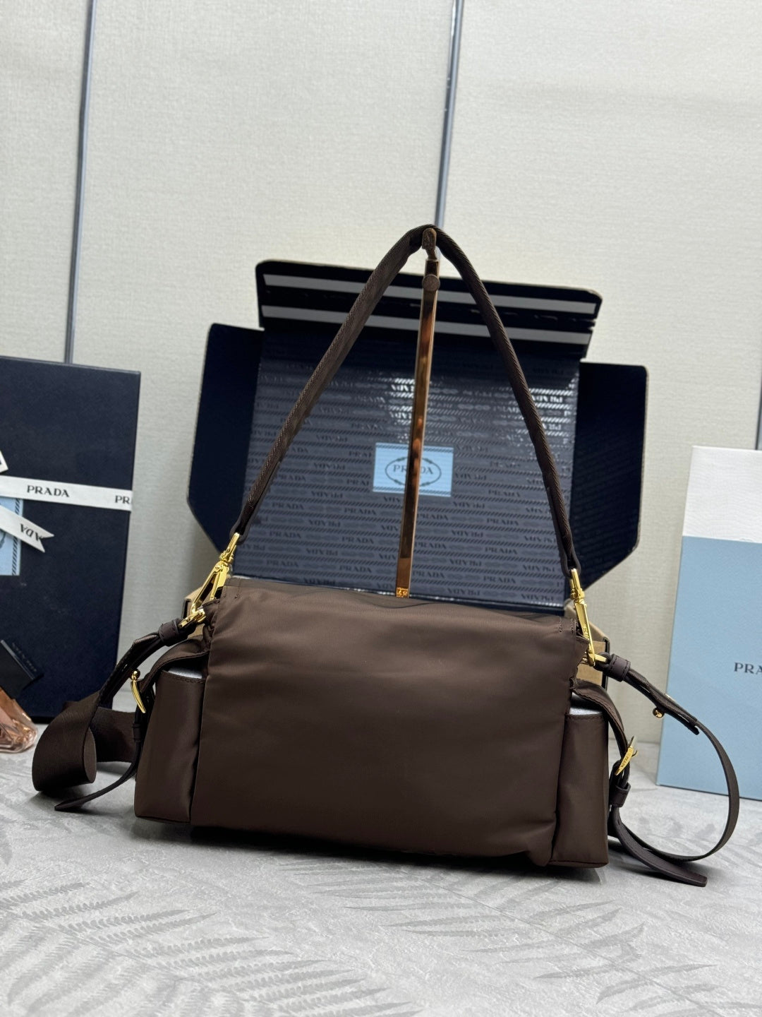 Prada 2026 Explore Shoulder Bag 30cm With Flap Sienna Re-Nylon