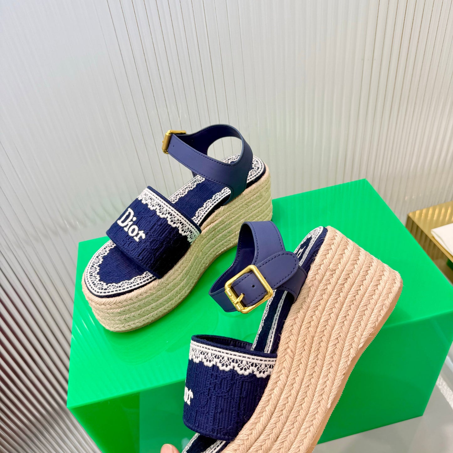 CD Dentelle Wedge Sandals Dark Blue Cotton 832466