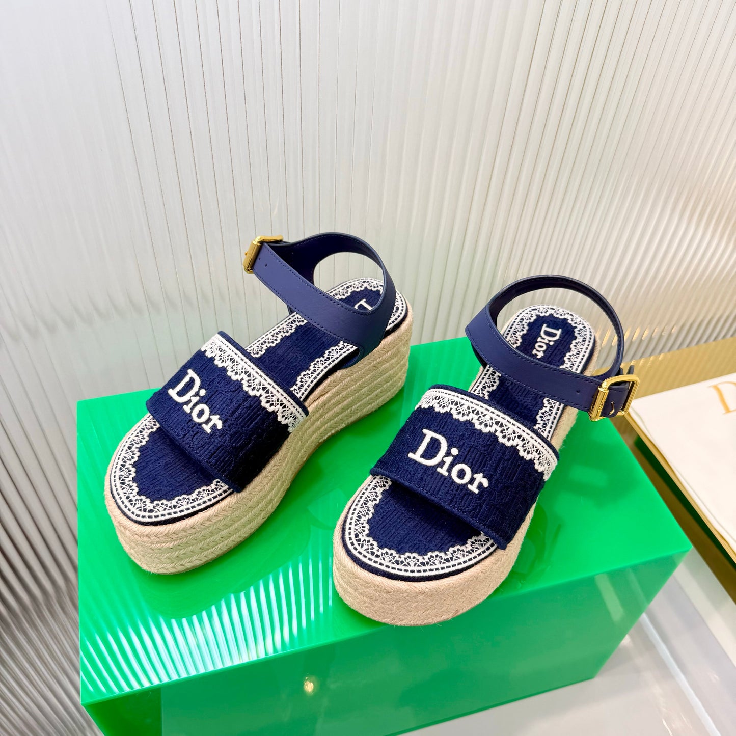 CD Dentelle Wedge Sandals Dark Blue Cotton 832466