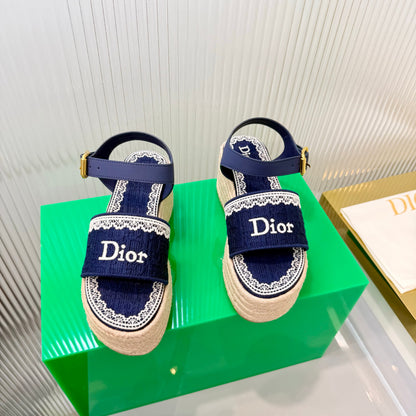 CD Dentelle Wedge Sandals Dark Blue Cotton 832466