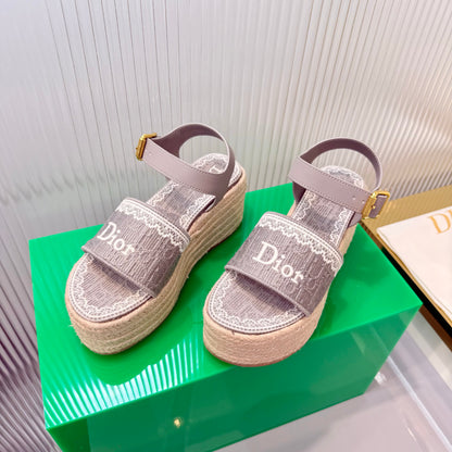 CD Dentelle Wedge Sandals Light Grey Cotton 832467