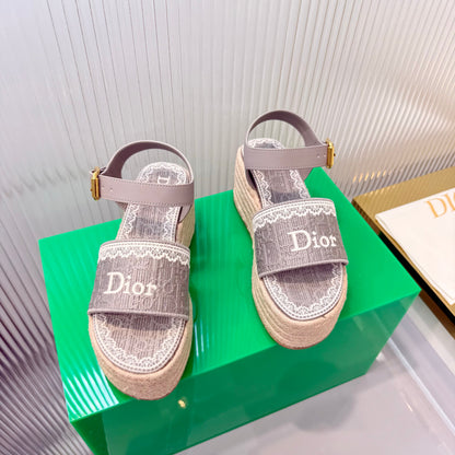 CD Dentelle Wedge Sandals Light Grey Cotton 832467