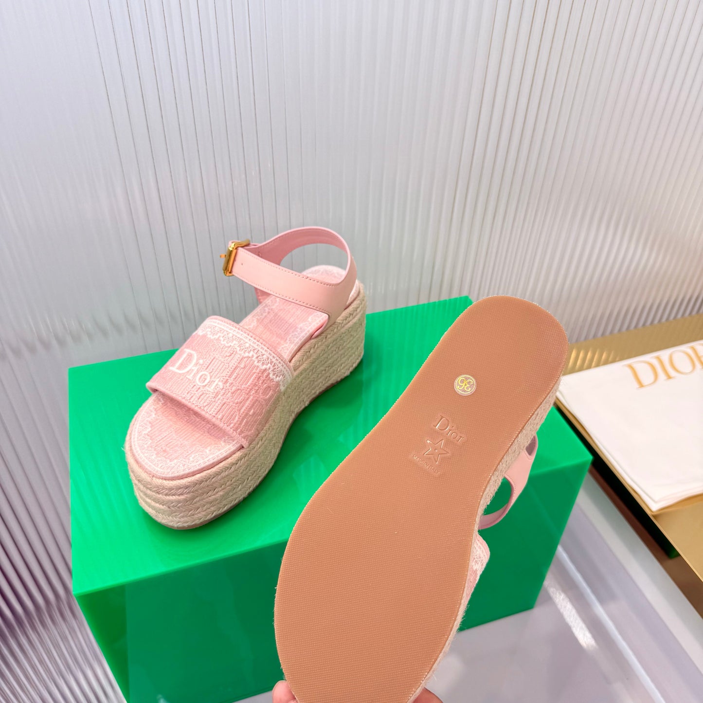 CD Dentelle Wedge Sandals Light Pink Cotton 832469