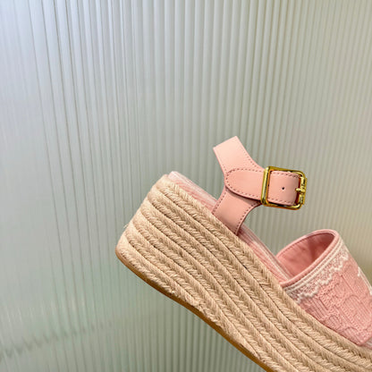 CD Dentelle Wedge Sandals Light Pink Cotton 832469