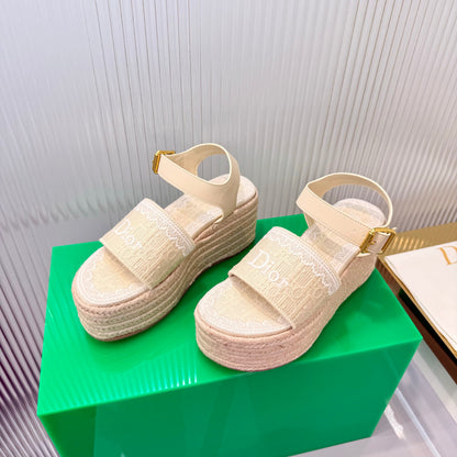 CD Dentelle Wedge Sandals Light Beige Cotton 832470