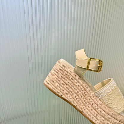 CD Dentelle Wedge Sandals Light Beige Cotton 832470