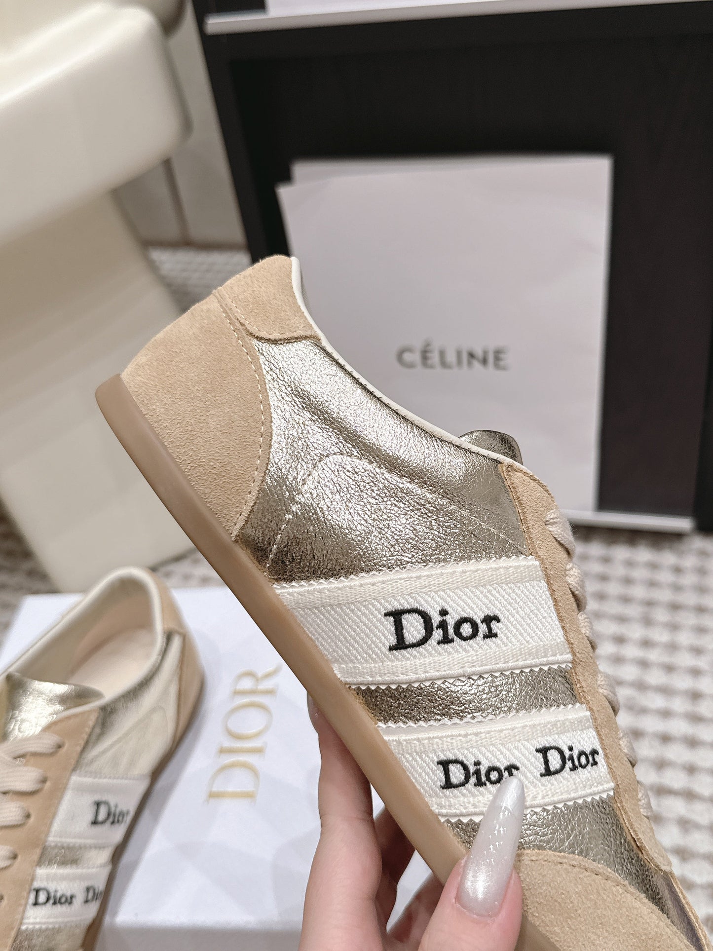 CD Ribbon Sneaker Sliver Khaki Suede Leather  930298