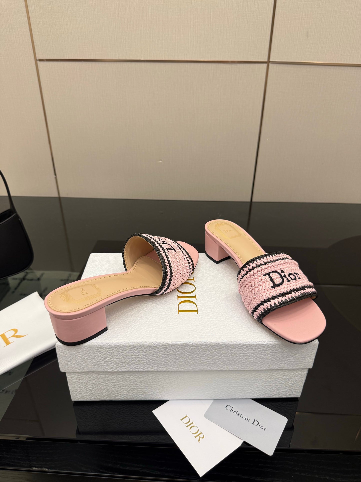CD Dioriviera Woven Slides 4cm Pink Fabric Goatskin 828258