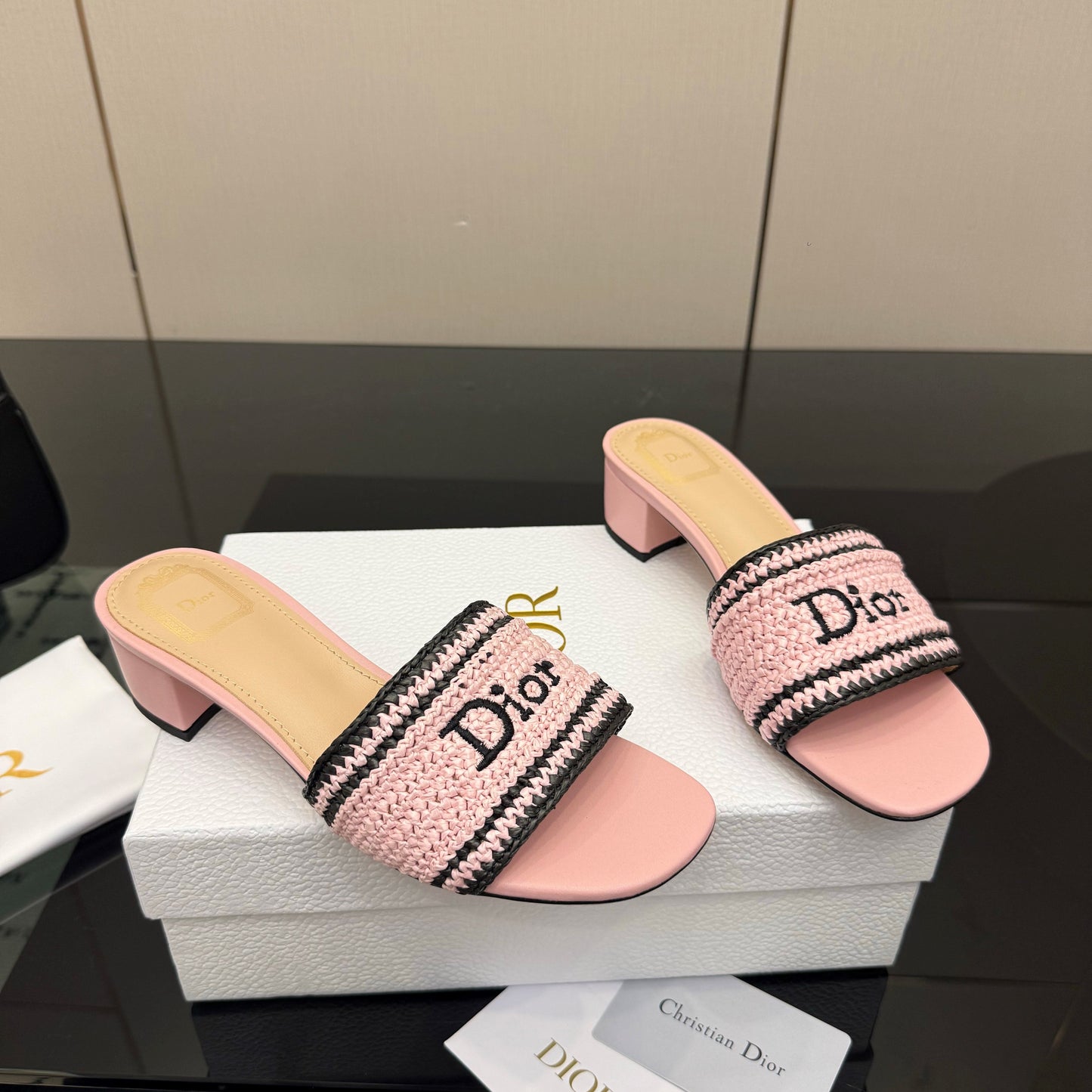 CD Dioriviera Woven Slides 4cm Pink Fabric Goatskin 828258