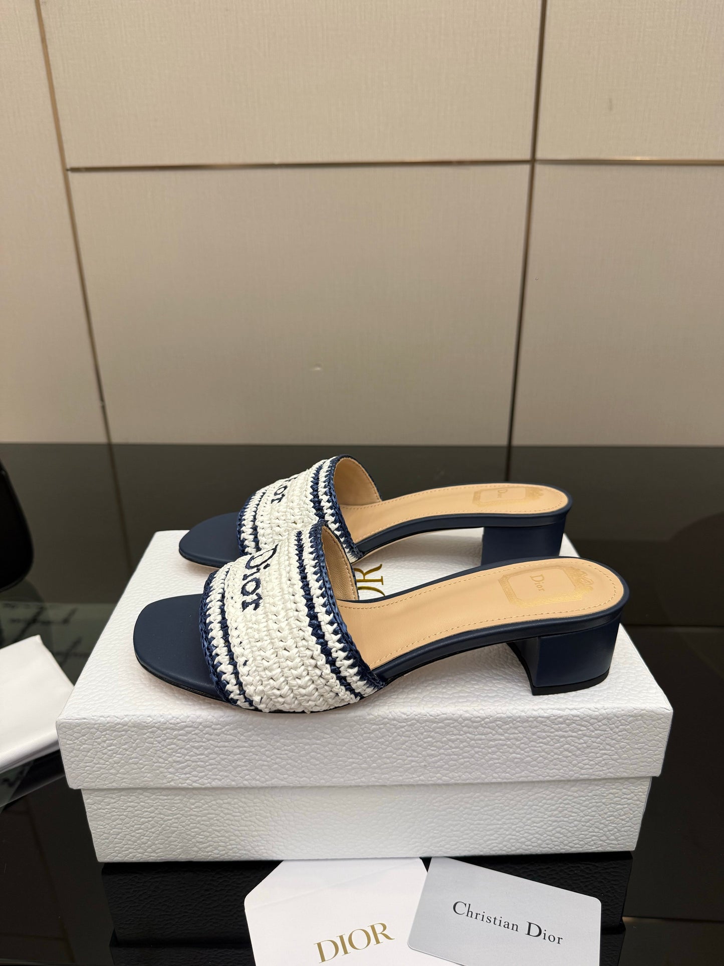 CD Dioriviera Woven Slides 4cm White Blue Fabric Goatskin 828261