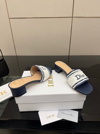CD Dioriviera Woven Slides 4cm White Blue Fabric Goatskin 828261
