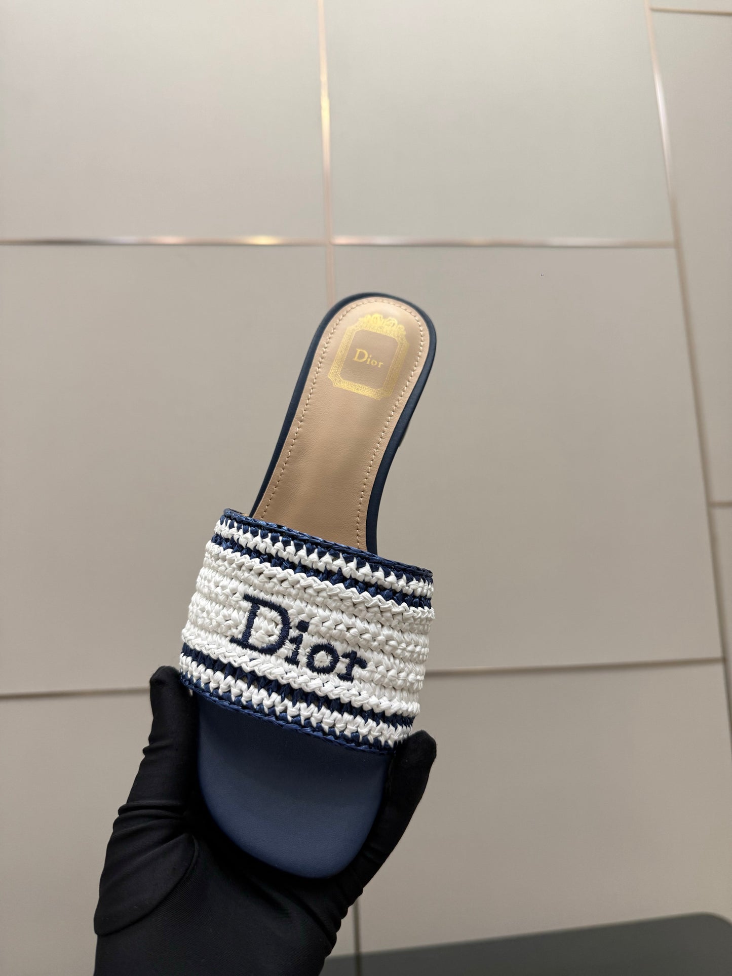 CD Dioriviera Woven Slides 4cm White Blue Fabric Goatskin 828261