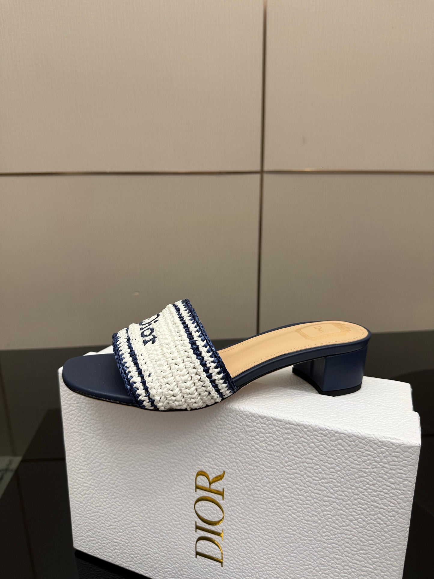 CD Dioriviera Woven Slides 4cm White Blue Fabric Goatskin 828261