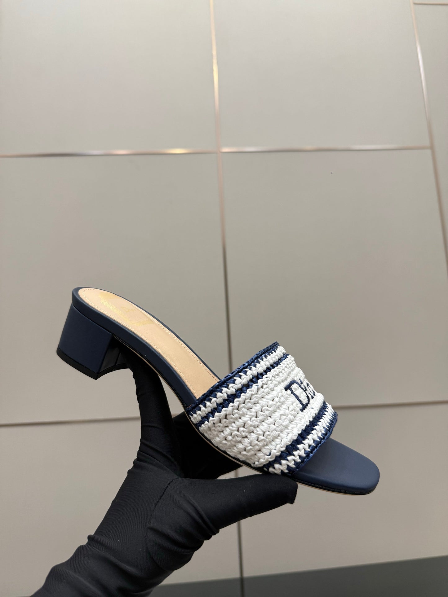 CD Dioriviera Woven Slides 4cm White Blue Fabric Goatskin 828261